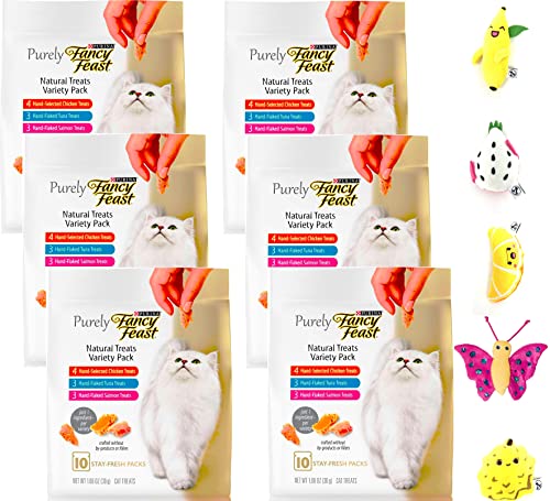 Aurora Pet Bundle Pack (6) Fancy Feast Purely Natural Variety Cat Treats (1.06-oz Each) with AuroraPet Catnip Toy (Assorted)