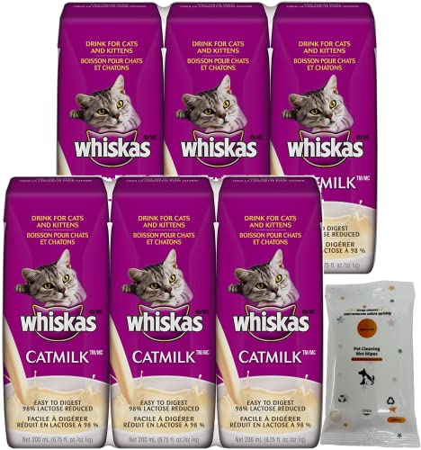 Aurora Pet Bundle Pack (6) Whiskas Catmilk Drink for Cats and Kittens (6.75 fl oz) with AuroraPet Wipes
