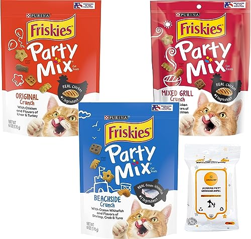 Aurora Pet Variety Pack (3) Friskies Party Mix Cat Treats (1) Mixed Grill (1) Beachside (1) Original (6-oz Bags) with AuroraPet Wipes