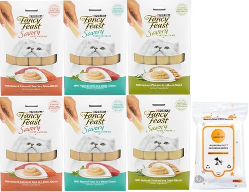 Aurora Pet Variety Pack (6) Fancy Feast Savory Puree Naturals Squeezable Lickable Adult Cat Treats, (2) Tuna, (2) Salmon, (2) Tuna, Chicken (1.4 Ounces Each) with AuroraPet Wipes