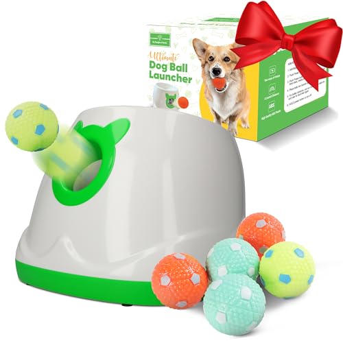 Automatic Dog Ball Launcher - Dog Fetch Machine for Small to Medium Sized Dogs,3 Launch Distances, Ball Launcher for Dogs with 6 Latex Balls, Dual Power Supply, Ball Thrower for Dogs