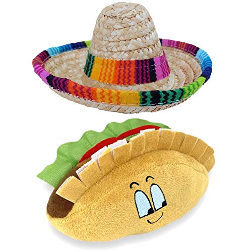 Baja Ponchos Dog Sombrero and Taco Plush Toy Pack - Funny Dog Costume and Chew Squeak Toy - Chihuahua Clothes - Mexican Party Decorations