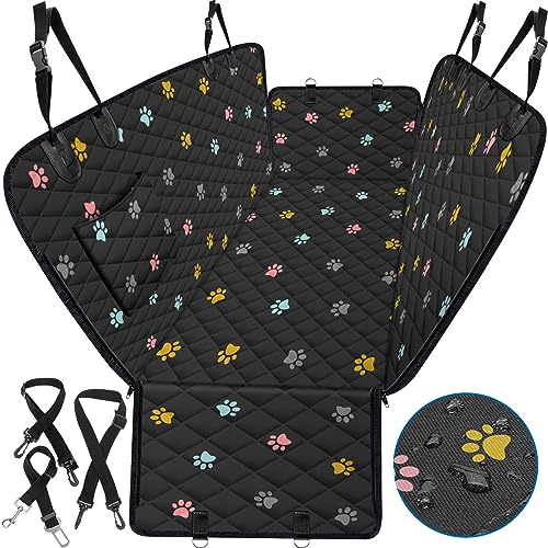 BeneathYourFeet Dog Seat Cover (54" W x 56" L, Colored Paw Prints) Scratch Prevention Dog Car Seat Cover for Back Seat Waterproof Dog Hammock for Car Durable Car Seat Covers