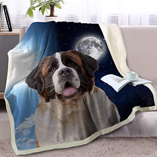 BlessLiving Fuzzy Dog Blanket for Kids Adults Sun and Moon Print Fleece Blanket Reversible Animal Pattern Sherpa Throw (Queen, 90 x 90 Inches, Saint Bernard)