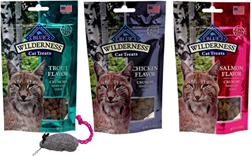 Blue Wilderness Grain Free Crunchy Treats for Cats 3 Flavor Variety with Toy Bundle, (1) Each: Trout, Chicken, Salmon (2 Ounces)