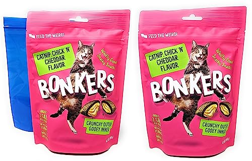 Bonkers Catnip, Chicken and Cheddar Flavor Crunchy Cat Treats, 6.3oz (Pack of 2) and Tesadorz Resealable Bags