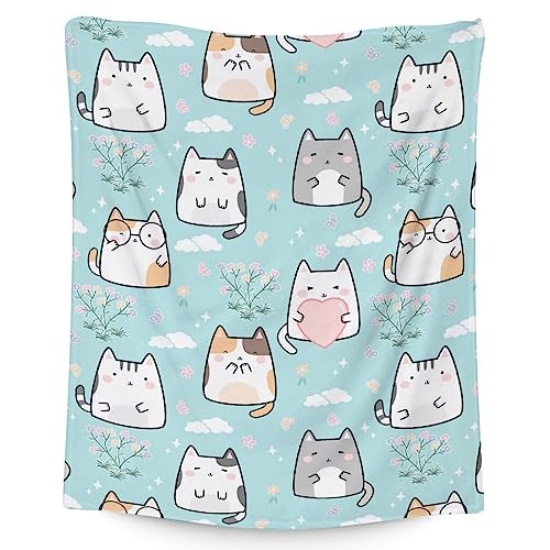 Cat Blanket for Cat Lovers - 40x50 Inches Cute Throw Blanket for Women & Girls - Light Blue Soft Fuzzy Plush Blankets for Couch, Sofa