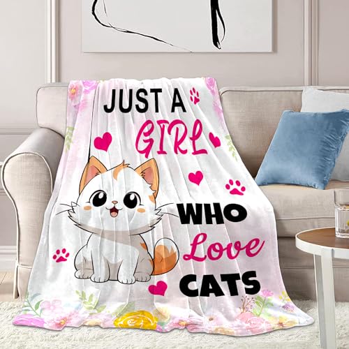 Cat Blanket for Girls, Just A Girl Who Loves Cats Throw Blanket, Soft Kids Cute Blanket Cat Lover Gifts for Birthday Christmas 40"x50"