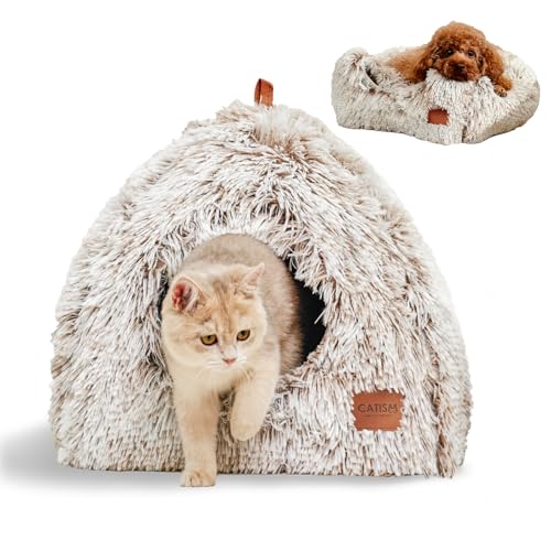 CATISM Cat Bed, Cat Cave for Indoor Cats, Ultra Soft Cat Dome, Self-Warming 2 in 1 Foldable Pet Cat House with Washable Cushioned Pillow Calming Fluffy Dog Beds for Small Dogs with Anti-Slip Bottom