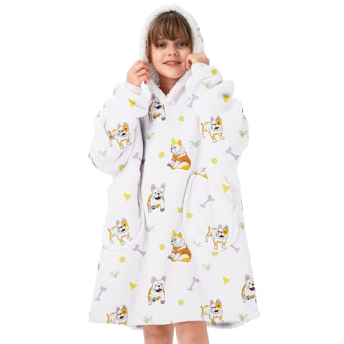 Century Star Wearable Blanket Hoodie for Kids 6-10YR Oversized Hooded Thick Cozy Fleece Sherpa Soft Warm Weighted Sweatshirt Girls Boys Kids Pattern-Bulldog