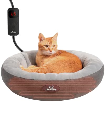 clawsable Heated Cat Bed for Small Size Cats, 19" Soft & Cozy Donut Heated Pet Bed with Timer & Temp Adjustable Pet Heating Pad for Indoor Cat, Electric Bed Heater Warmer for Kitten Cat