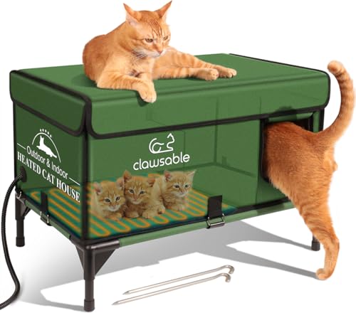 Clawsable Indestructible Heated Cat House for Outdoor Cats in Winter, Extremely Waterproof, Fully Insulated Outside Feral Cat House Shelter for Stray Barn Cat(Highly Elevated, Large Cuboid)