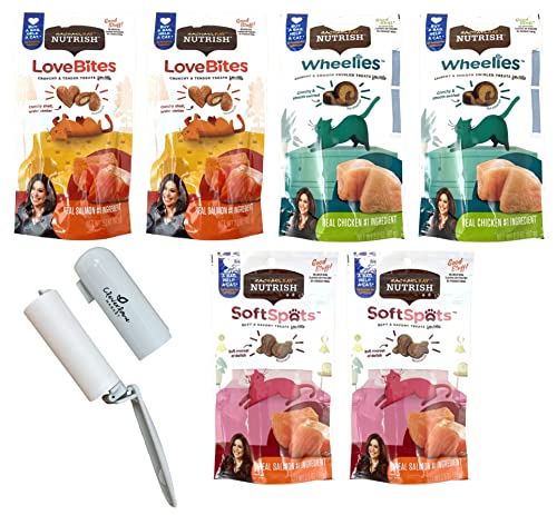 Cleverlane Market Lint Roller for Pet Hair Bundle with 6 Rachael Ray Nutrish Cat Treats Variety Pack of Treat Flavors (Love Bites Salmon, Wheelies Chicken, Soft Spots Salmon)