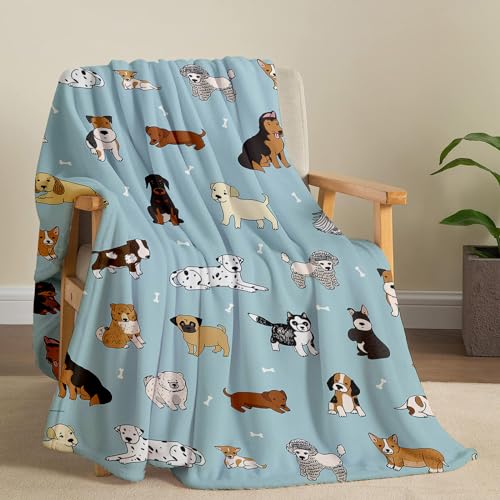 Cute Kids Dog Puppies Blanket 60"x50" Flannel Plush Soft Cozy Comfy Quilt Throw Blankets with Dogs On It