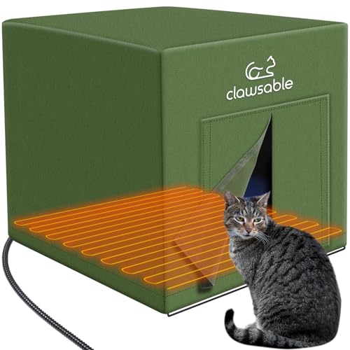 EEKKII Large Size Heated Cat House for Outdoor Cats in Winter, Elevated & Weatherproof, Cat Shelter with Cat Heating Pad Bed, Outdoor Warm House for Feral Barn Cat (Large Cube, Nylon)