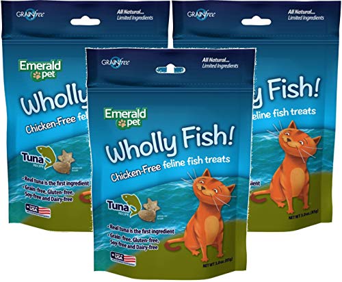 Emerald Pet 3 Pack of Wholly Fish Chicken-Free Tuna Recipe Cat Treats, 3 Ounces Per Pack