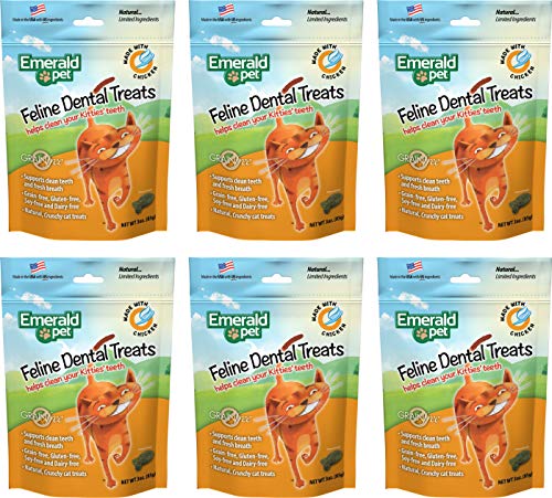 Emerald Pet 6 Pack Feline Dental Treats, 3 Ounces Each, Grain-Free Cat Treats Made in The USA (6 Pack Chicken)