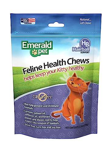 Emerald Pet Feline Health Chews Hairball Support — Natural Grain Free Feline Hairball Control Chews — Hairball Control Cat Supplements for Hairball Prevention and Elimination — Made in USA, 2.5 oz