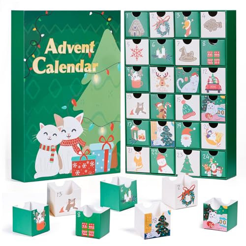 Empty Advent Calendar to Fill Yourself, Cat Advent Calendar 2023, 24 Day Countdown to Christmas Calendar -Add your own treats and snacks with kitten or friends-Xmas Gifts for Cat Lovers Kitten