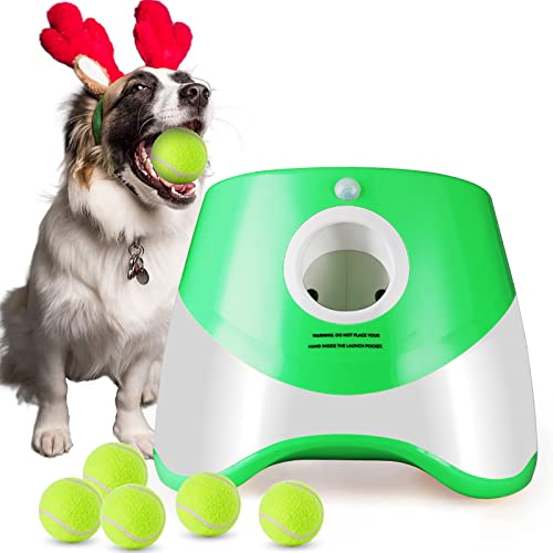 ENIGETA Automatic Ball Launcher for Dogs, Distance 10-30ft Ball Thrower Indoor& Outdoor Dog Fetch Machine for Small to Medium Sized Dogs 6PCS Tennis Balls Included(2 inch)