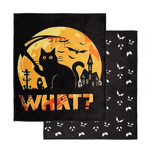 Excervent Cat Moon Bat Printed Black Blankets, Double Sided Throw Flannel Fleece Blanket, Cute GIFS for Boys and Girls, 300gsm,50x60 inches