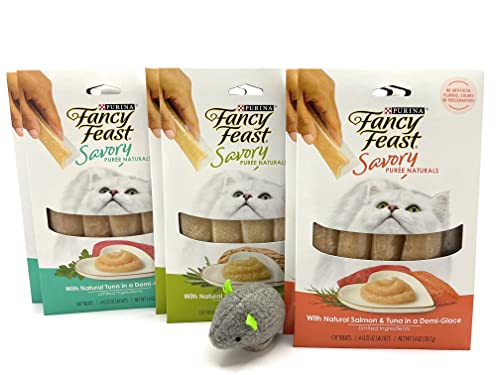 Fancy Feast Puree Naturals in a Demi-Glace Cat Treats 3 Flavor Variety 6 Can - (2) Each: Salmon & Tuna, Tuna,Chicken (1.4 oz) Each – Plus Toy