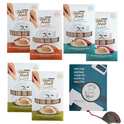 Fancy Feast Savory Puree Naturals Squeezable Lickable Cat Treat 3 Flavor Variety Bundle - (2) Each: Tuna, Chicken, Salmon & Tuna (1.4 oz) - Plus Healthy Pets Tip Booklet & Catnip Mouse Toy