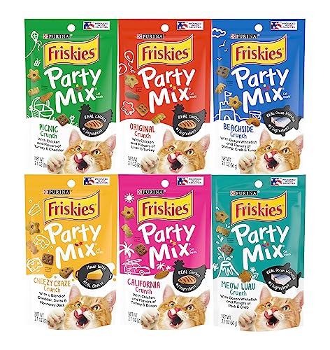 Friskies Party Mix Crunch Variety Pack (6 Fun Flavors 2.1 oz each) - Picnic, Beachside, Cheezy Craze, Original, California Dreamin', and Meow Luau