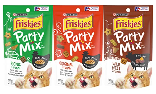 Friskies Purina Party Mix Cat Treats Variety Pack, 1 Pouch Picnic Crunch, 1 Pouch Original Crunch, 1 Pouch Wild West Crunch, 2.1 Ounce Pouches (Pack of 3)