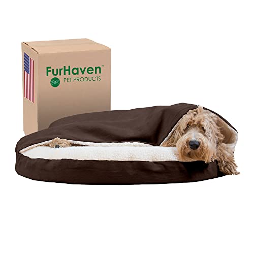 Furhaven 35" Round Orthopedic Dog Bed for Large/Medium Dogs w/ Removable Washable Cover, For Dogs Up to 50 lbs - Sherpa & Suede Snuggery - Espresso, 35-inch