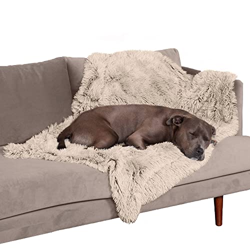 Furhaven Waterproof Throw Blanket for Dogs & Indoor Cats, Washable - Shaggy Plush Calming Long Faux Fur & Velvet Dog Blanket - Taupe, Large