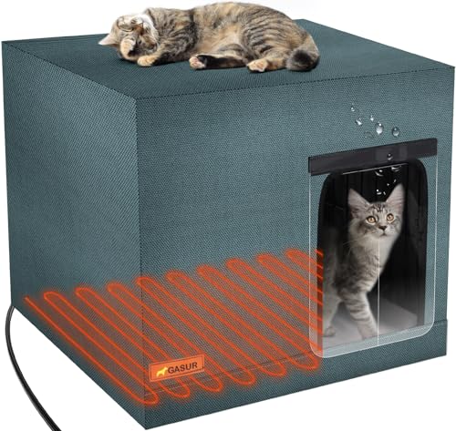 GASUR Large Heated Cat House for Outdoor Cats in Winter, Highly Elevated Base Waterproof & Insulated Feral Cat House, Warm Cat Shelter with Heating Pad Warm House for Outside Stray Barn Cat