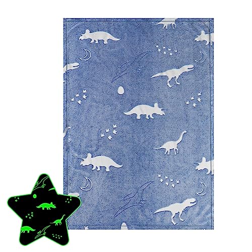 Glow in The Dark Dinosaur Throw Blanket for Boys - Blue Dinosaur Flannel Glowing Blanket 30 X 40 inch, Soft Warm Fluffy Cute Small Blankets for Baby，Puppies Blue…