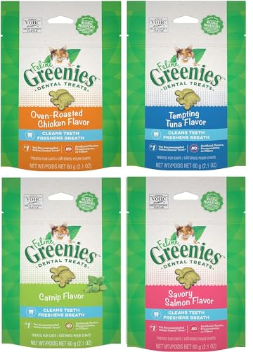 Greenies (4 Pack) Feline Dental Cat Treat Variety Bundle 4 Flavors - 2.1oz Each Bag, (1) Tempting Tuna, (1) Savory Salmon, (1) Oven Roasted Chicken, and (1) Catnip Flavor