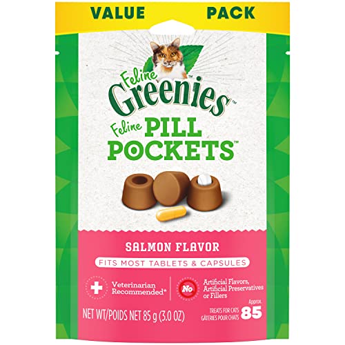 Greenies Feline Pill Pockets for Cats Natural Soft Cat Treats, Salmon Flavor, 3 oz. Pack (85 Treats)