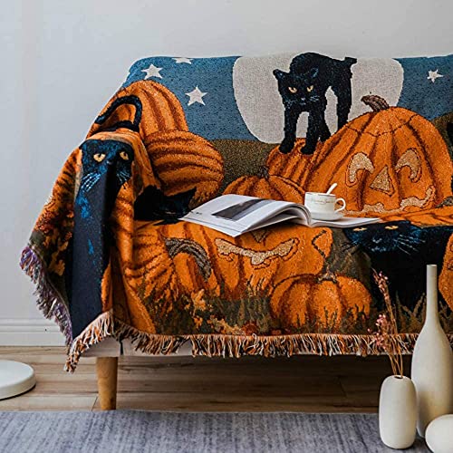 Halloween Blanket Sofa Blanket Fringe- Cat Lover Gift Throw Blanket 100% Cotton Lightweight for Chair Couch Bed Home Knit Blankets for Autumn