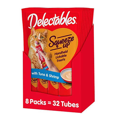 Hartz Delectables Squeeze Up Interactive Lickable Wet Cat Treats for Adult & Senior Cats, Tuna & Shrimp, 32 Count (Packaging May Vary)