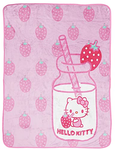 Hello Kitty Strawberry Milk Throw Blanket - Measures 46 x 60 inches, Kids Bedding Features Kitty White - Fade Resistant Super Soft Fleece (Official Hello Kitty Product)