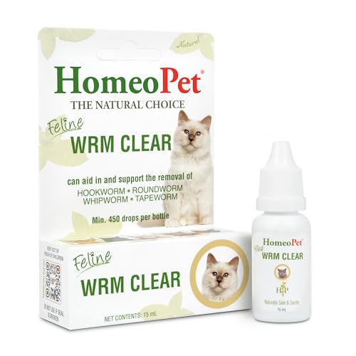 HomeoPet Feline WRM Clear, Natural Tapeworm, Whipworm, Roundworm, and Hookworm Medicine for Cats, 15 Milliliters