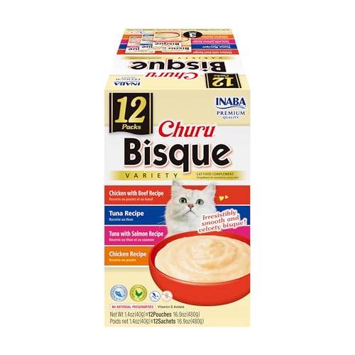 INABA Churu Bisque for Cats, Creamy Lickable Purée Side Dish with Vitamin E, 1.4 Ounces per Pouch, 12 Pouches Total, Tuna & Chicken Variety