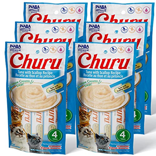 INABA Churu Cat Treats, Grain-Free, Lickable, Squeezable Creamy Purée Cat Treat/Topper with Vitamin E & Taurine, 0.5 Ounces Each Tube, 24 Tubes (4 per Pack), Tuna with Scallop Recipe