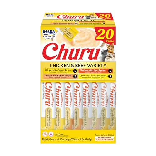 INABA Churu Cat Treats, Grain-Free, Lickable, Squeezable Creamy Purée Cat Treat/Topper with Vitamin E & Taurine, 0.5 Ounces Each Tube, 20 Tubes, Chicken & Beef Variety Box