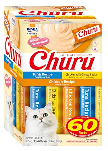 INABA Churu Cat Treats, Grain-Free, Lickable, Squeezable Creamy Purée Cat Treat/Topper, 60 Servings, 2 Flavor Tuna & Chicken Variety Box