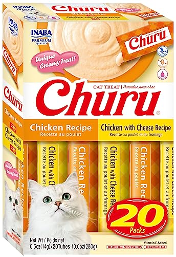 INABA Churu Cat Treats, Lickable Purée Treat/Topper with Vitamin E, 10 Chicken Recipe, 10 Chicken with Cheese Recipe