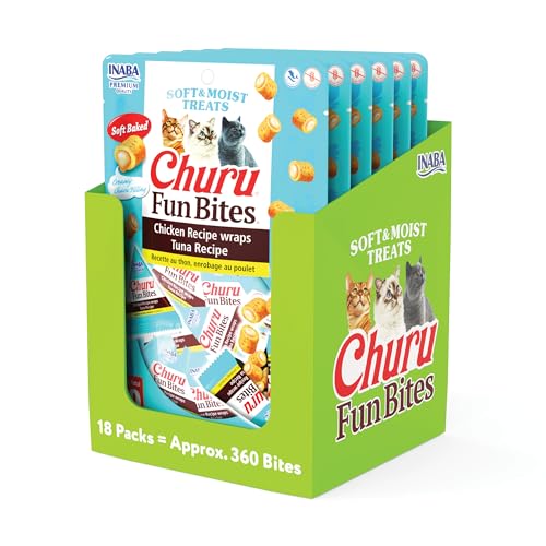 INABA Churu Fun Bites for Cats, Soft & Chewy Baked Chicken Wrapped Churu Filled Cat Treats with Taurine, 0.42 Ounces Each Tetra, 18 Tetras Total (3 per Bag), Tuna Recipe
