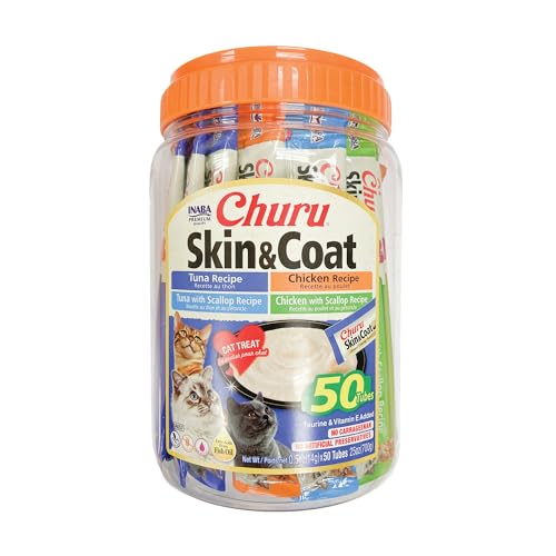 INABA Churu Lickable Purée Natural Cat Treats for Skin and Coat with Omega Oils, Taurine and Vitamin E, 0.5 Ounces Each Tube, 50 Tubes, Skin & Coat Variety