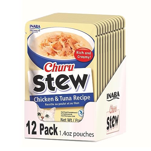 INABA Churu Stew Creamy Lickable Purée with Shredded Chicken Topper/Treat Pouch for Cats with Vitamin E, 1.4 Ounces per Pouch, 16.8 Ounces Total (12 Servings), Chicken & Tuna Recipe