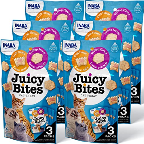 INABA Juicy Bites Grain-Free, Soft, Moist, Chewy Cat Treats with Vitamin E and Green Tea Extract, 0.4 Ounces per Pouch, 18 Pouches (3 per Bag), Scallop and Crab