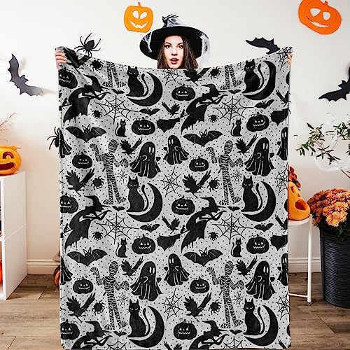 JAPDNK Halloween Blankets Ghost Spider Fleece Blanket Black Cat Halloween Throw Blanket Gothic Witchy Throw Blanket