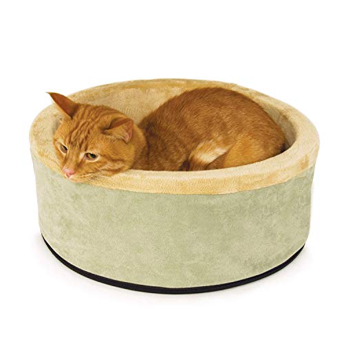 K&H Pet Products Thermo-Kitty Bed Heated Cat Bed for Indoor Cats , Electric Warming Bed for Cats and Small Dogs, Washable Thermal Plush Calming Round Pet Bed - Small 16" Sage/Tan